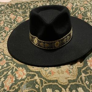 Black Wide-Brim Hat with Gold Floral Band